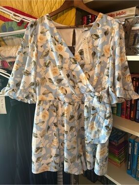 She + Sky Light Blue Floral Wrap Romper with Yellow Rose Print
